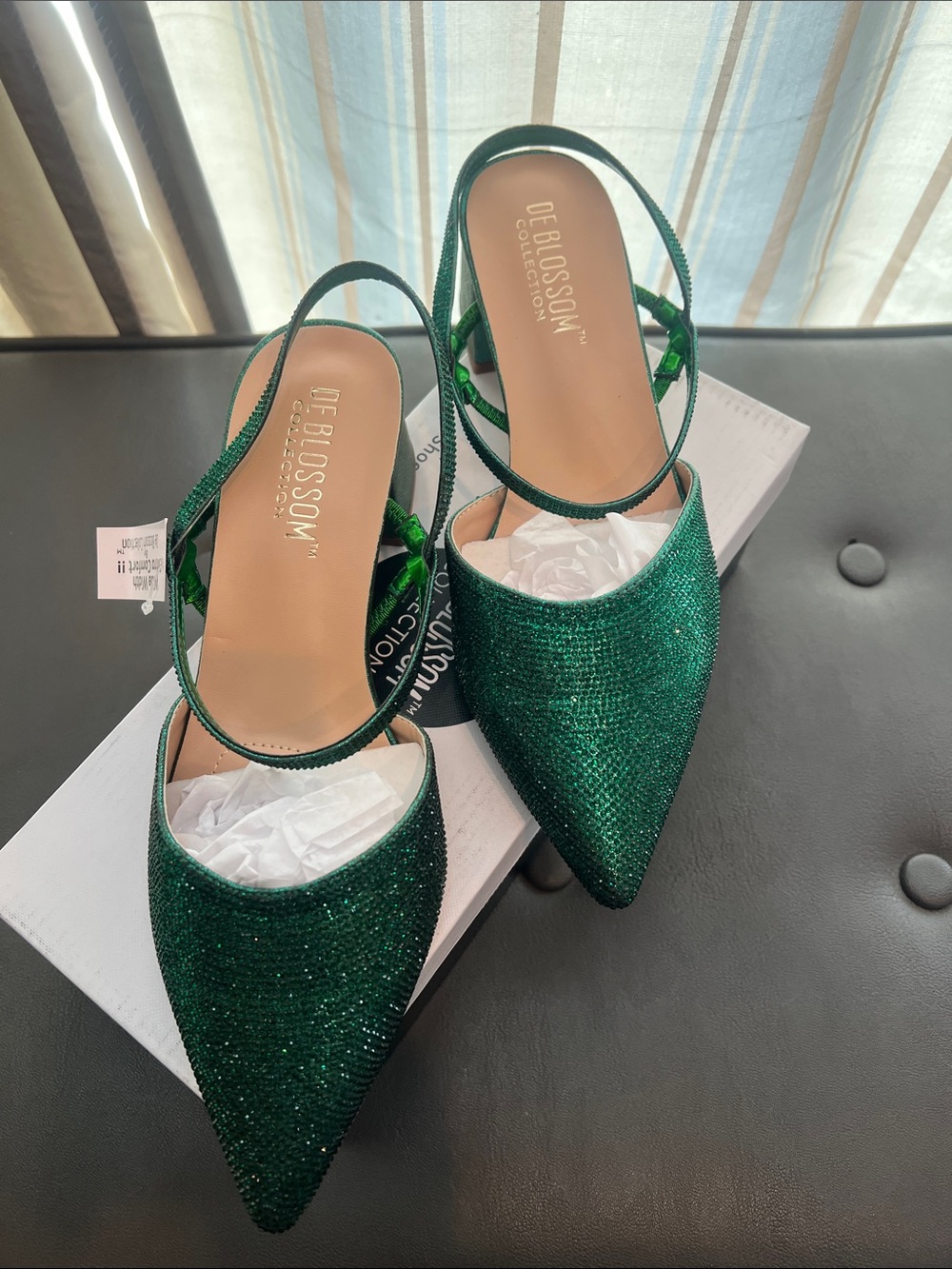 DE Blossom Emerald Green Glitter Pointed Slingback Mules